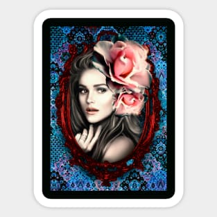 Red Frame Bright Pink Roses Portrait Beautiful Girls Artwork, Digital Art Sticker